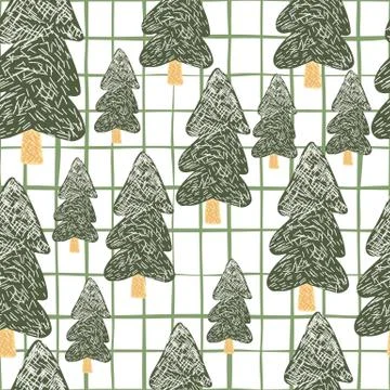 Pine tree seamless pattern on line background. Holiday forest in doodle style 스톡 일러스트
