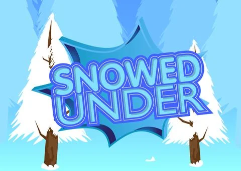 Pine Tree with Snowed Under text. Winter event vector cartoon illustration. Illustrazione stock