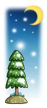 Pine tree with snowy &amp; crescent moon background. Stock Illustration