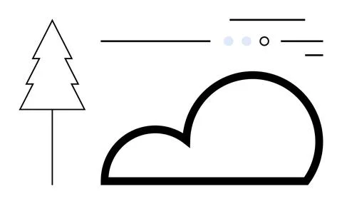 Pine tree, stylized cloud, and abstract horizontal lines with dots convey sim Stock Illustration