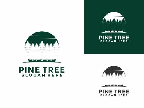 Pine Tree Sunset logo icon design illustration vector, Evergreen logo desig.. Stock Illustration