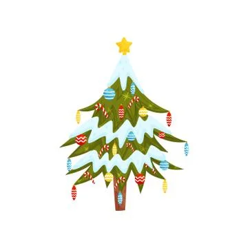 Pine tree with toys and candy canes, golden star on top Attribute for Christmas Stock Illustration