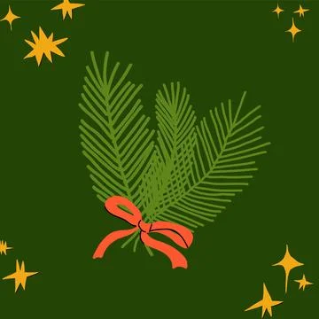 Pine tree twigs arrangement with red bow ribbon Stock Illustration