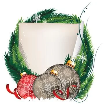 Pine tree wreath with christmas balls and sheet of paper Stock Illustration