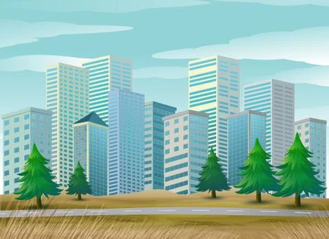 Pine trees along the street Stock Illustration