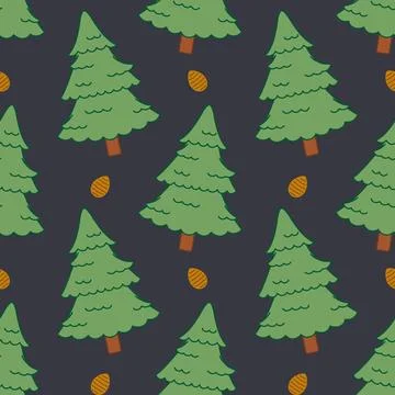 Pine Trees and Cones Dark Night Seamless Pattern Stock Illustration