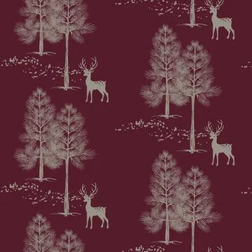 Pine trees and deer in the woods vector seamless pattern Stock Illustration