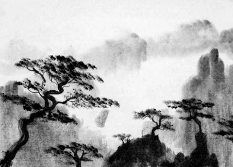 Pine trees and mountains Illustrazione stock