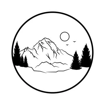 Pine trees on the background of mountains, Natural mountain landscape in a round Stock Illustration