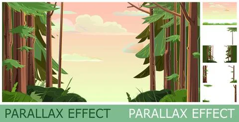 Pine trees with branches and bushes. Beautiful morning sky. Summer nature lan Stock Illustration