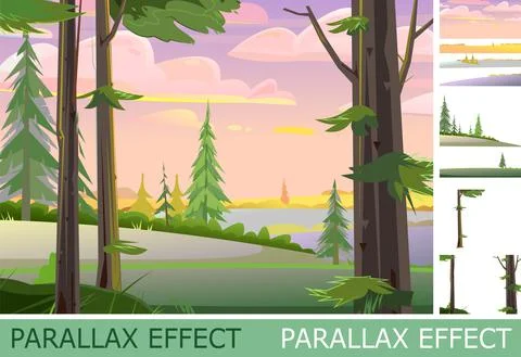 Pine trees with branches and bushes with parallax effect. Beautiful morning s Stock Illustration