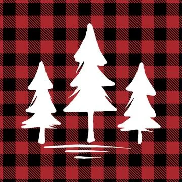 Pine trees, Christmas trees - on Red and black tartan plaid Stock Illustration