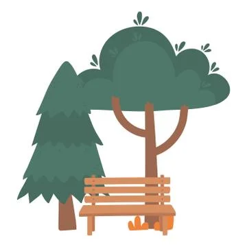 Pine trees foliage bench park nature isolated icon style Ilustração Stock