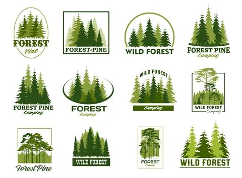 Pine trees forest silhouette icons of green woods Stock Illustration