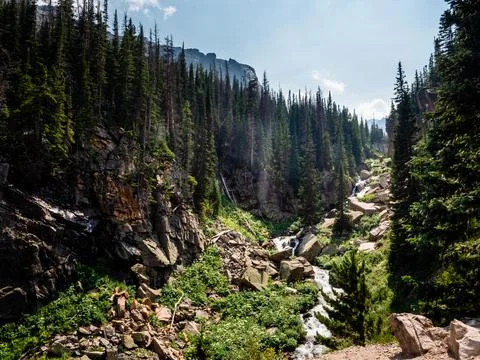 Pine trees frame a valley filled with a small waterfall. Stock Photos