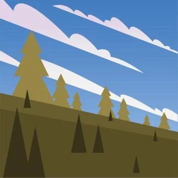 Pine trees in front of blue sky with clouds vector design Stockillustratie