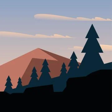 Pine trees in front of mountain and blue sky with clouds vector design 库存插图