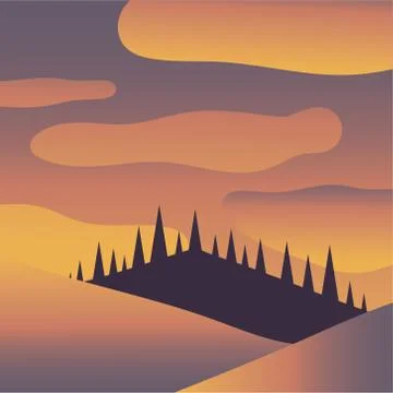 Pine trees on mountain between clouds vector design Stock Illustration