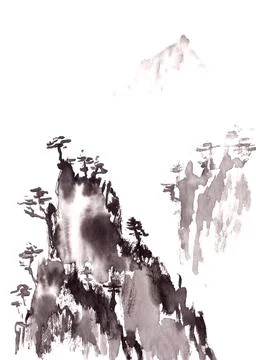 Pine trees on the rocks monochrome black and white chinese style ink drawing Stock Illustration