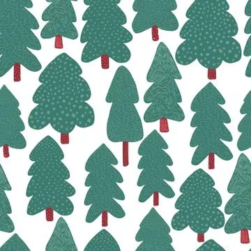 Pine trees seamless pattern. Doodle forest landscape background. Stock Illustration