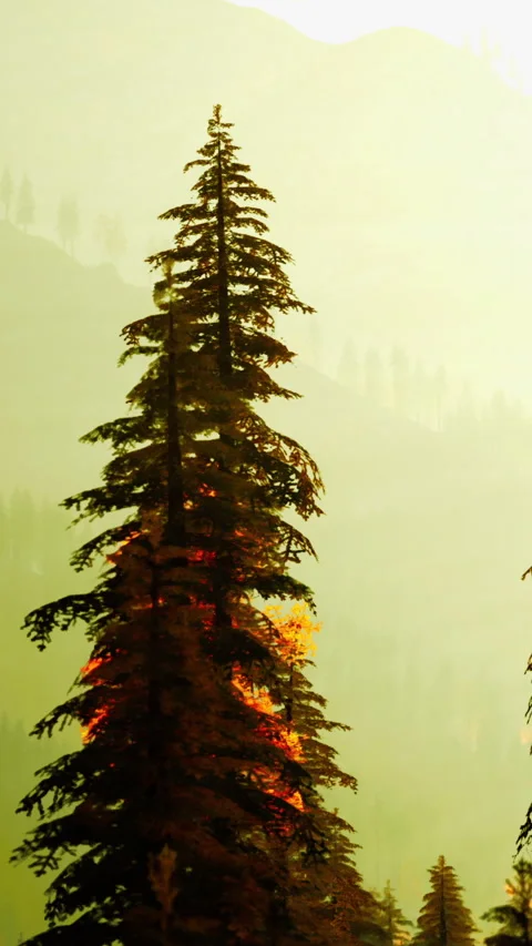 Pine trees silhouette against misty mountains in autumn season Stock Footage 339511314