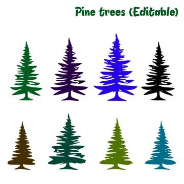 Pine trees vector. stylized pine tree silhouettes in diverse colors and shapes. Stock-Illustration