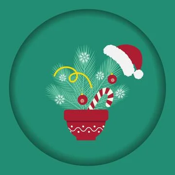 Pine Twigs composition with Snowflakes Santa Hat and Candy Cane in Flower pot Stock Illustration