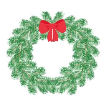 Pine twigs decorated red ribbon bow Round frame border. Christmas or New Year Stock Illustration