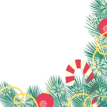 Pine twigs with striped candy cane, spiral decoration and Christmas toys Corner Stock Illustration
