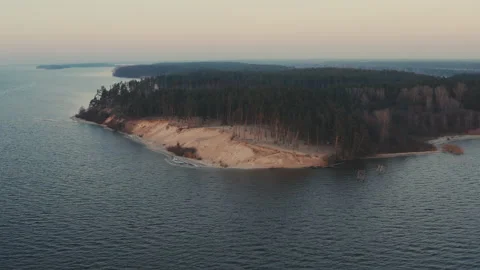 Pine Woods Sand Island with Cliffs and Sea Shores Stock Footage 171679001