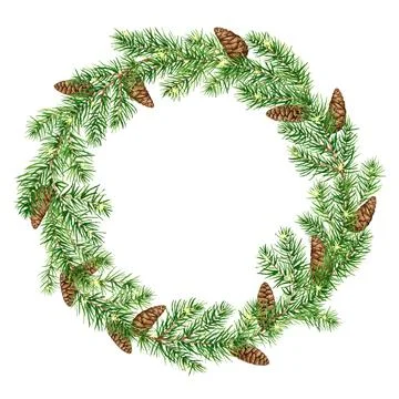 Pine wreath with branchs, pine cones and lights, Watercolor Christmas Wreath Stock Illustration