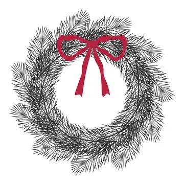 Pine wreath with red ribbon bow. Classic holiday decoration, ideal for Chri.. Stock Illustration