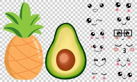 Pineapple and Avocado with cute face 스톡 일러스트