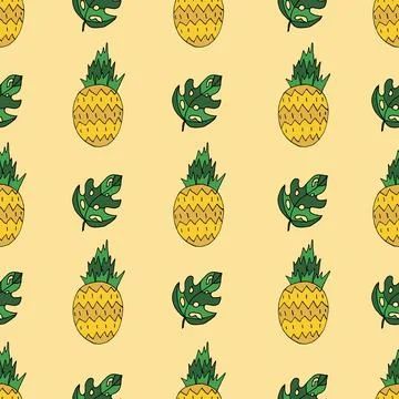 Pineapple and leaves seamless pattern on yellow background Stock Illustration