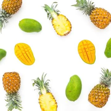 Pineapple and mango fruit isolated on white background. Food frame. Flat lay, Stock Photos