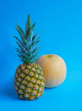 Pineapple and Melon with blue background Stock Photos