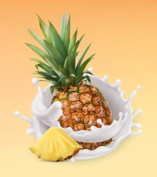 Pineapple and milk splash. Fruit and yogurt. Realistic illustration. 3d vec.. Stock Illustration