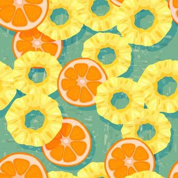 Pineapple and orange slices on an old background with traces of paint. Juicy Stock Illustration