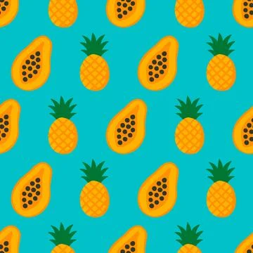 Pineapple and Papaya Fruit Pattern on Blue Stock Illustration