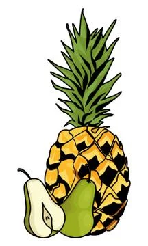Pineapple and pears half cut fruits Stock Illustration