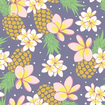 Pineapple and plumeria seamless pattern on purple background Stock Illustration