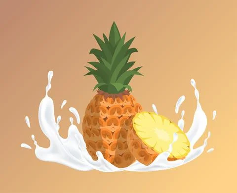 Pineapple and splash of white liquid cartoon illustration. Natural organic Stock Illustration