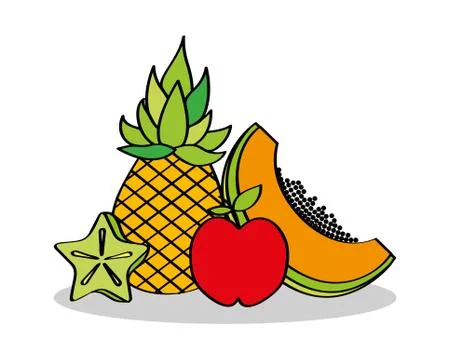 Pineapple apple papaya and slice carambola fruits fresh Illustrazione stock