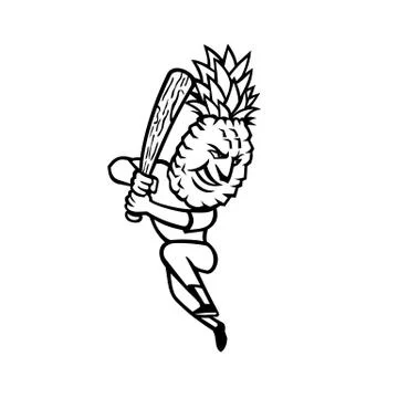Pineapple Baseball Player Batting With Bat Mascot Black and White Stock Illustration
