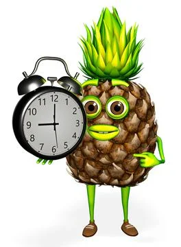 Pineapple Character Shows Clock 3D Render Stock Illustration