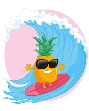 Pineapple character on the surf board. summer time concept Illustrazione stock