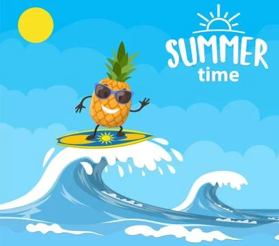 Pineapple characters surfing on wave. Stock Illustration
