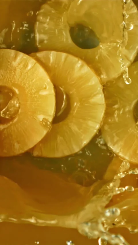 Pineapple chunks fall into pineapple juice. Filmed is slow motion 1000 fps Video stock 335292400