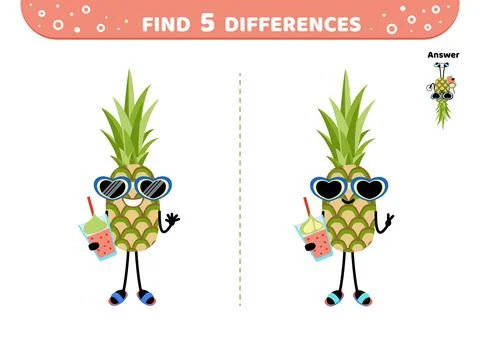 Pineapple with cocktail. Find 5 differences. Summer game. Flat, cartoon, vector Stock Illustration