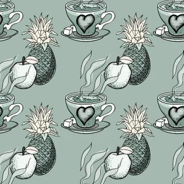 Pineapple, coffee, apple seamless pattern Stock Illustration